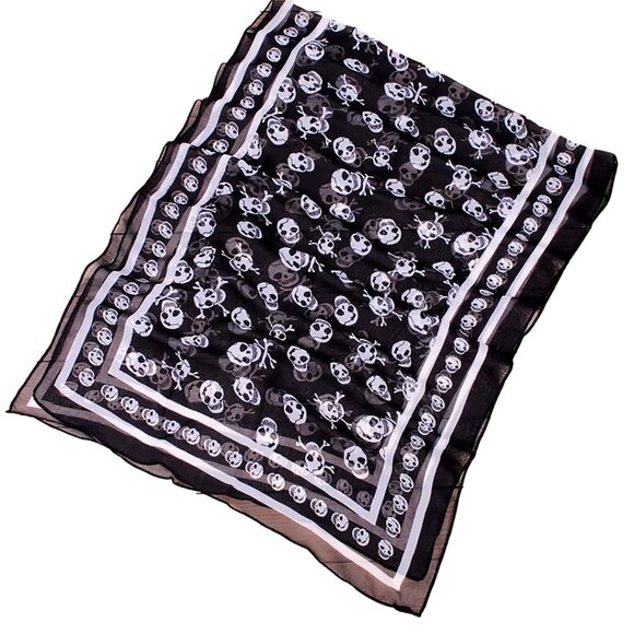 NEW Soft Silky Poly Chiffon B/W Long Scarf w/Skull & Stripe Border 19” W… - Picture 3 of 8